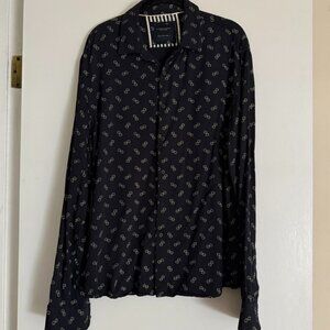 Denim & Flower Ricky Singh Long Sleeve Button Down Navy Shirt Floral Pattern XL